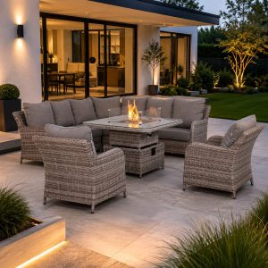 Sicily Aluminium High Back Round Corner Set with Rising Fire Pit Table and Two Chairs in Grey Weave(#911F)