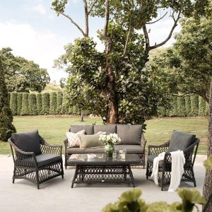 Willowbrook Lattice Weave Rattan 5-Seater Sofa Set with Rising Table, Dark Grey