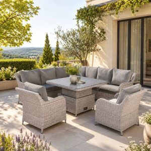Sicily Aluminium High Back Round Corner Set with Rising Table and Two Chairs in Grey Weave(#911)