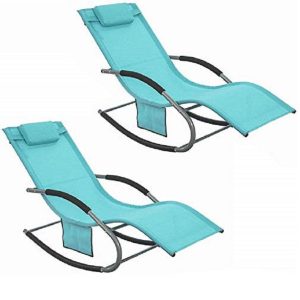 SoBuy OGS28-HBx2, Set of 2 Outdoor Garden Rocking Sun Lounger Recliner Relaxing Chair with Headrest and Side Bag, Blue