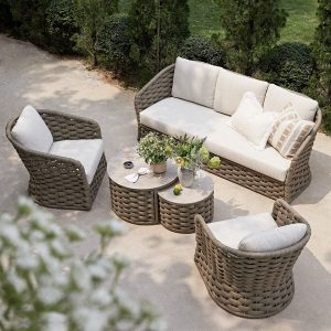 Positano Wide Rope Sofa Set with Nesting Coffee Tables, Taupe