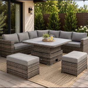 Cambridge Large Round Corner Sofa Set with Rising Table in Stone Grey Weave(#430)