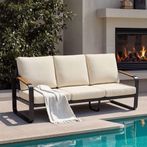78.7" Wide Outdoor Bench, 3-Person Patio Sofa with Removable Cushions
