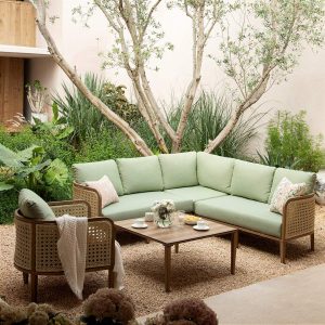 Pienza Outdoor Rattan Corner Sofa Set, Sage Green Fabric with Light Walnut Frame