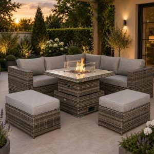 Cambridge Square Corner Sofa Set with Fire Pit Table in Stone Browne Grey weave（#411F)
