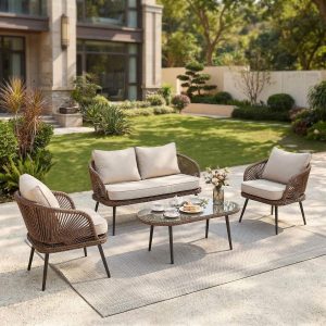 4-Piece Rattan Outdoor Patio Furniture Set with Removable Cushions and Coffee Table