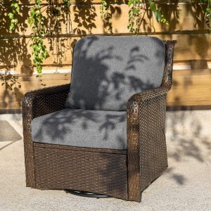 29.53" Outdoor Wicker Swivel Chair, Patio Rattan Rocking Chair with Thick Gray Cushions