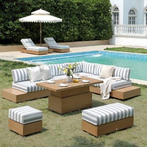 Jardin Aluminium Large Corner Casual Dining Set with Rising Table, Natural with Blue Stripes