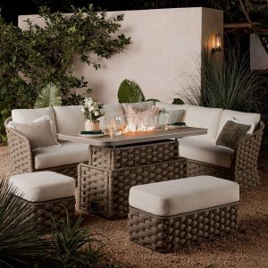Positano Wide Rope Large Corner Casual Dining Set | Firepit Table, Taupe