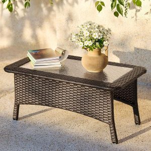 Outdoor Wicker Coffee Table with Glass Top
