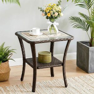 Patio Side Table, Outdoor 2-Tier Rattan End Table for Porch