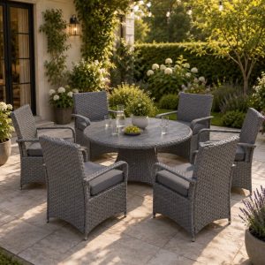 Victoria Range Round Dining Set Table with 6 Chairs in Slate Grey Weave(#508) Pre-order dispatch 7-10 days