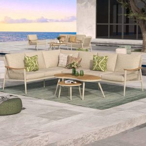 Berne Range Modular Corner Sofa Rope Set with 2 Coffee Tables with Teak Wood Top
