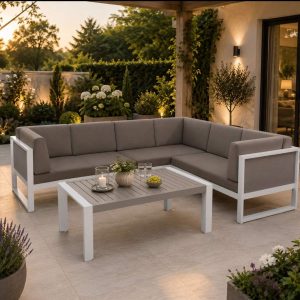 Halo Range Right Hand Corner Sofa Set in white Aluminium Frame with Grey Cushions(#AU01)