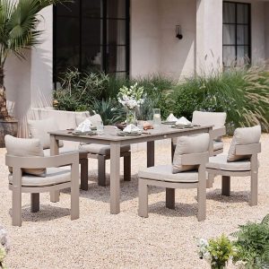 Stanford Outdoor 6-Seater Rectangular Dining Set, Taupe with Light Taupe Fabric