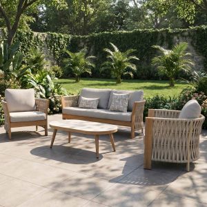 Orion Range Natural Rope & Wood-Effect Aluminium Sofa Set | Premium Outdoor Lounge Furniture