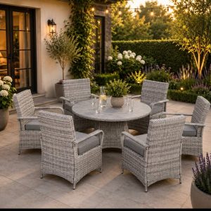 Sicily Range Round Dining Table with 6 Chairs in Light Grey Weave(#908)Pre-order dispatch 7-10 days