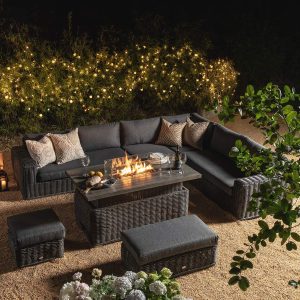 Bellagio Round Wicker Large Corner Casual Dining Set with Rising Firepit Table, Dark Grey