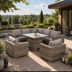 Cambridge Square Corner Sofa Set with Rising Table & 2 Arm Chairs in Stone Browne Grey weave（#411+4AC+4AC）