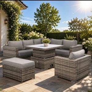 Cambridge Square Corner Sofa Set with Rising Table & Arm Chair in Stone Browne Grey weave（#411+4AC）