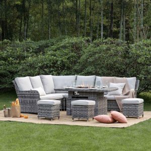 Hampshire Large Corner Round Wicker Rattan Casual Dining Set with Rising Firepit Table, Light Grey