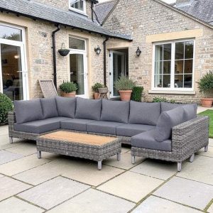 St Lawrence Range Large U-Shape modular Corner Sofa in Round Grey Rattan with Cushions and Teak Wood Table Top(#GG20)