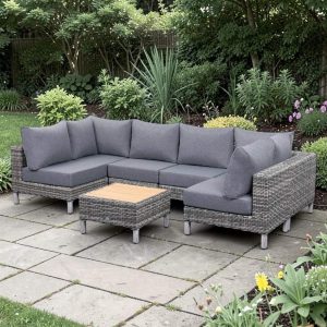 St Lawrence Range U-Shape modular Corner Sofa Set in Round Grey Rattan with Grey Cushions and Teak Wood Table Top(#GG17)