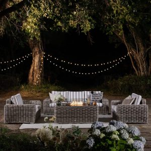 Bellagio Round Wicker Sofa Set with Firepit Coffee Table, Light Grey with Taupe Stripe