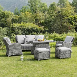 Hampshire 7-Seater Round Wicker Rattan Sofa Set with Rising Table, Light Grey
