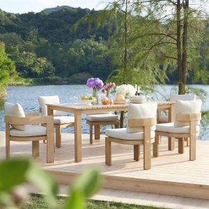 Stanford Outdoor 6-Seater Rectangular Dining Set, Natural with Beige Boucle Fabric