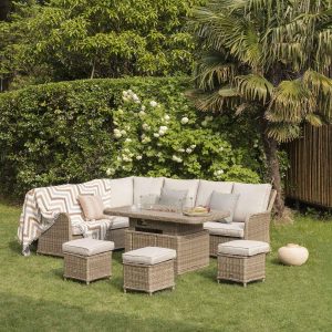 Hampshire Large Corner Round Wicker Rattan Casual Dining Set with Rising Firepit Table, Natural