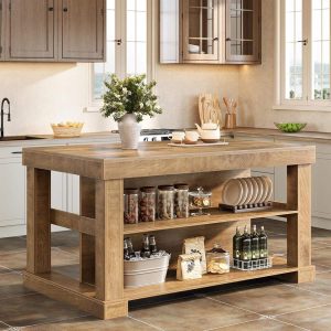 55" Kitchen Island, Farmhouse Stationary Island Unit with 2-Tier Storage