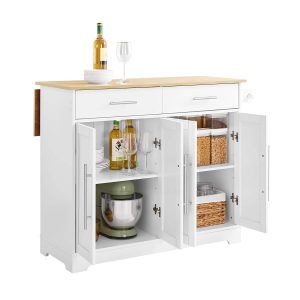 SoBuy FKW129-WN, Kitchen Island on Wheels Rolling Kitchen Storage Trolley with Extendable Rubber Wood Worktop, 2 Drawers and Adjustable Shelves for Dining Room, Breakfast Bar White 113x91x(44–69) cm