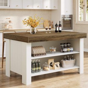 55" Kitchen Island Table, Farmhouse Counter Height Bar Table with Storage Shelves