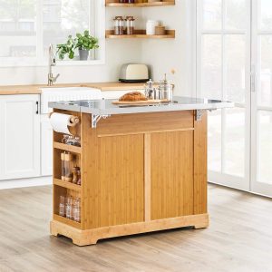 SoBuy FKW130-N, Kitchen Island on Wheels Rolling Kitchen Storage Trolley with Extendable Stainless Steel Worktop and Adjustable Shelves for Dining Room, Breakfast Bar Natural 107x(46–71) x92.5 cm