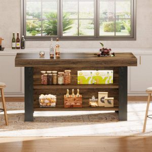 55" Kitchen Island, Farmhouse Center Island with 2 Tier Storage