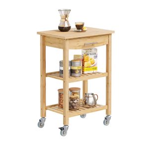 SoBuy FKW135-N, Kitchen Trolley on Wheels with Drawer & Shelves, Rolling Storage Cart with Worktop, Natural, 58x40x86cm