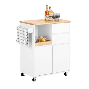 SoBuy FKW123-WN Kitchen Trolley on Wheels with Rubber Wood Worktop, 2 Drawers, Double Cabinet, Sliding Tray & 2-in-1 Push Handle – Rolling Kitchen Storage Cart White 72×40×84 cm