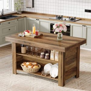 55" Kitchen Island, 3-Tier Island Table Counter Height Bar Table