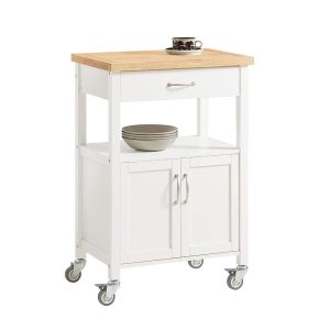 SoBuy FKW22-WN Kitchen Trolley on Wheels with Rubber Wood Worktop, 1 Drawer, Open Shelf & 2-Door Cabinet – Compact Rolling Kitchen Storage Cart White 60×45×92 cm
