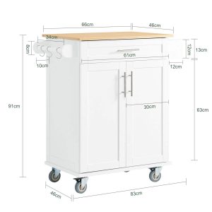 SoBuy FKW13-II-WN Kitchen Trolley on Wheels with Carbonised Bamboo Worktop, 1 Drawer, Double Cabinet & Spice Rack – Rolling Kitchen Storage Cart White 83×46×91 cm