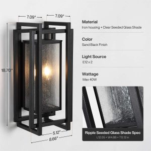 2-Light Outdoor Wall Sconce, 18.7" Exterior Wall Lighting Fixtures with Seeded Glass Shade