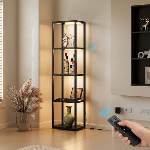 LED Floor Lamp, 4-Tier Bookshelf with Glass Shelves & Light