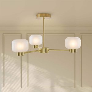 Octavia Ribbed Glass 3 Light Chandelier - Brass