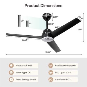 52" Outdoor Ceiling Fans with Lights and Remote, IP66 Waterproof Ceiling Fan With 2 Downrods