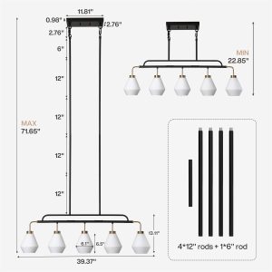 5-Light Pendant Light, Adjustable-Height Kitchen Island Light with Frosted White Glass, E26 Base