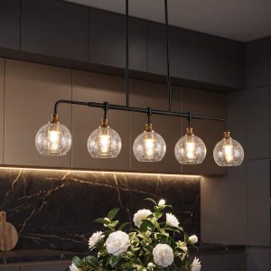 5-Light Pendant Lights, Kitchen Island Chandelier with Clear Crackle Glass Shades & Adjustable Height