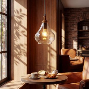 Farmhouse Teardrop Pendant Light, Adjustable Hanging Light Fixture with Seeded Glass Shade