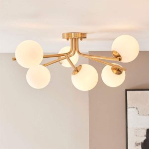 Aaron Six Lamp Semi Flush Ceiling Light in Brushed Aged Brass & Matt Opal Duplex Glass Shades