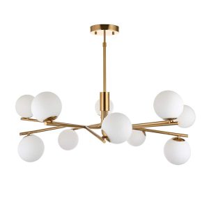 Aaron Ten Lamp Pendant in Brushed Aged Brass & Matt Opal Duplex Glass Spheres
